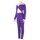Spring Solid Color V-Neck Off Shoulder Knot Hollow Sexy High Waist Long Sleeve Jumpsuit