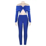 Spring Solid Color V-Neck Off Shoulder Knot Hollow Sexy High Waist Long Sleeve Jumpsuit