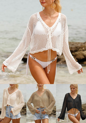 Women's Lace-Up Casual Cardigan  Hollow Knitting Shirt Beach Sun Protection Long Sleeve Cover-Up