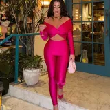 Spring Solid Color V-Neck Off Shoulder Knot Hollow Sexy High Waist Long Sleeve Jumpsuit