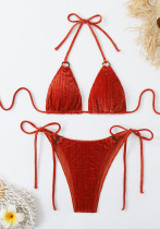 Solid Color Strap Two Pieces Bikini Female Holidays Style Lace-Up Sexy Swimsuit