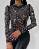 Women Chic Diamond Round Neck Mesh Bodysuit
