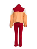 Women Colorblock Zipper Top and Pant Sports Two-Piece Set