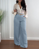 Women Light Grey High-waist Wide-leg Pants