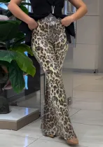 Women Leopard Print Sequin Stretchy Bell Bottom Pants