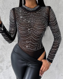 Women Chic Diamond Round Neck Mesh Bodysuit