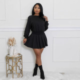 Women Casual Long Sleeve Top Pleated Mini Skirt Two-Piece Set