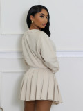 Women Casual Long Sleeve Top Pleated Mini Skirt Two-Piece Set