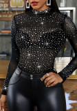 Women Chic Diamond Round Neck Mesh Bodysuit