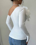 Women Flower Decorated Long-sleeved Off-the-shoulder Top