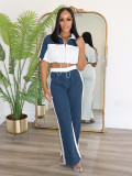 Women Denim Contrast Color Stand Collar Zipper Top Wide-Leg Pants Two-Piece Set