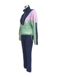 Women Colorblock Zipper Top and Pant Sports Two-Piece Set