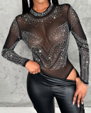 Women Chic Diamond Round Neck Mesh Bodysuit