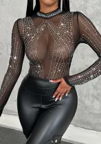 Women Chic Diamond Round Neck Mesh Bodysuit