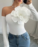 Women Flower Decorated Long-sleeved Off-the-shoulder Top
