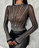 Women Chic Diamond Round Neck Mesh Bodysuit