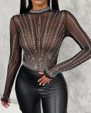 Women Chic Diamond Round Neck Mesh Bodysuit