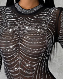 Women Chic Diamond Round Neck Mesh Bodysuit