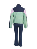 Women Colorblock Zipper Top and Pant Sports Two-Piece Set