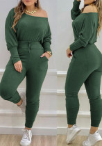 Women Army Green Off-the-shoulder Top and Lace-Up Pants 2-piece Set