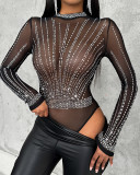 Women Chic Diamond Round Neck Mesh Bodysuit