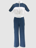 Women Denim Contrast Color Stand Collar Zipper Top Wide-Leg Pants Two-Piece Set