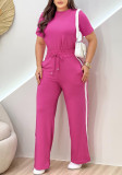 Women Striped Short-sleeved Top and Pants Solid Two-piece Set