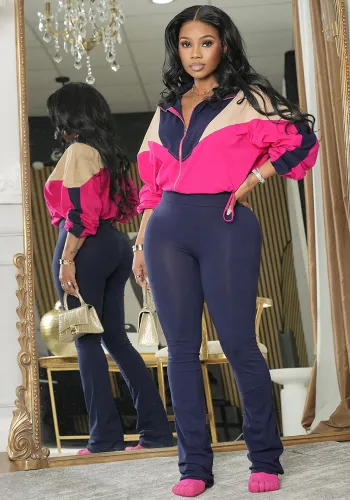 Women Colorblock Zipper Top and Pant Sports Two-Piece Set