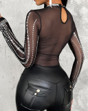 Women Chic Diamond Round Neck Mesh Bodysuit