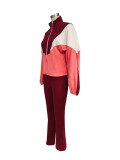 Women Colorblock Zipper Top and Pant Sports Two-Piece Set