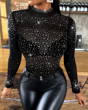 Women Chic Diamond Round Neck Mesh Bodysuit