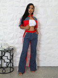 Women Denim Contrast Color Stand Collar Zipper Top Wide-Leg Pants Two-Piece Set