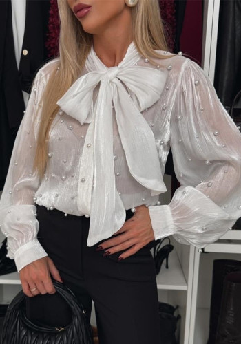 Women See-Through Beaded Lace-Up Shirt