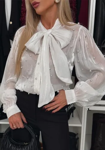 Women See-Through Beaded Lace-Up Shirt