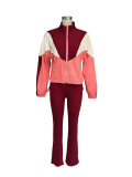 Women Colorblock Zipper Top and Pant Sports Two-Piece Set
