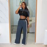 Women Denim Contrast Color Stand Collar Zipper Top Wide-Leg Pants Two-Piece Set