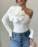 Women Flower Decorated Long-sleeved Off-the-shoulder Top