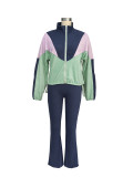 Women Colorblock Zipper Top and Pant Sports Two-Piece Set