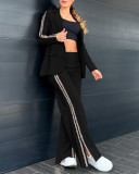Women Leopard Print Ribbon Patchwork Casual Turndown Collar Blazer and Wide-Leg Pants Two-Piece Set