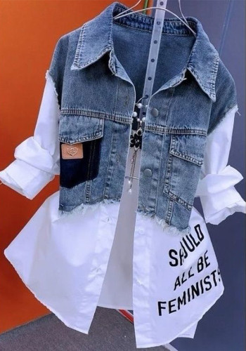 Women Striped Patchwork Denim Top