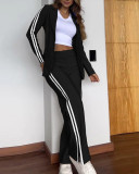 Women Leopard Print Ribbon Patchwork Casual Turndown Collar Blazer and Wide-Leg Pants Two-Piece Set