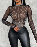 Women Chic Diamond Round Neck Mesh Bodysuit