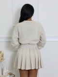 Women Casual Long Sleeve Top Pleated Mini Skirt Two-Piece Set