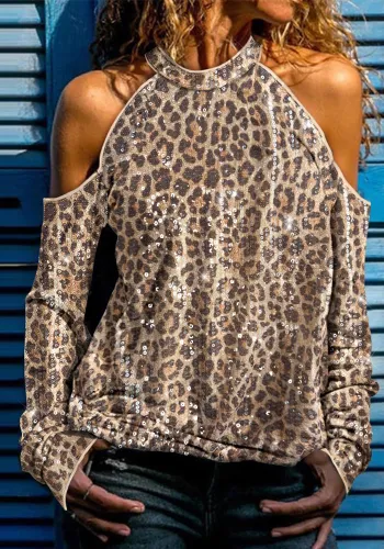 Women Leopard Sequin Off-Shoulder Long-Sleeved Top