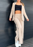 Women Leopard Print Ribbon Patchwork Casual Turndown Collar Blazer and Wide-Leg Pants Two-Piece Set