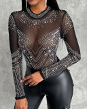 Women Chic Diamond Round Neck Mesh Bodysuit