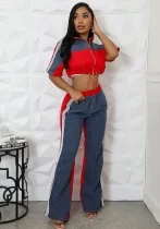 Women Denim Contrast Color Stand Collar Zipper Top Wide-Leg Pants Two-Piece Set