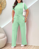 Women Striped Short-sleeved Top and Pants Solid Two-piece Set
