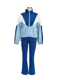 Women Colorblock Zipper Top and Pant Sports Two-Piece Set