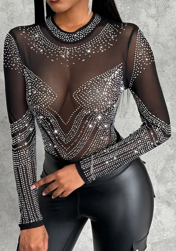 Women Chic Diamond Round Neck Mesh Bodysuit